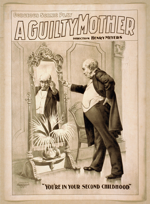 Ein Plakat, das einen Mann zeigt, der vor einem Spiegel steht, mit einem Stuhl und einer Pflanze im Hintergrund, das den Text "Eine schuldige Mutter - Du bist in deiner zweiten Kindheit" trägt.