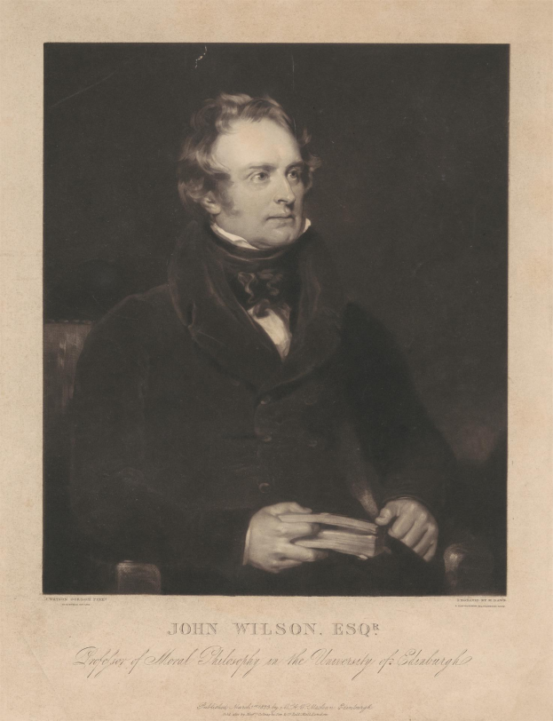 Portrait von John Wilson Esqr, dem Gründer der moralischen Philosophie an der Universität Edinburgh, sitzend in einem Stuhl und ein Buch haltend, mit Text unten.