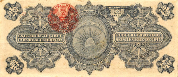 Alte mexikanische Banknote von 1911 mit rotem Stempel, mit einem Porträt eines Mannes, Text und Gestaltungselementen.