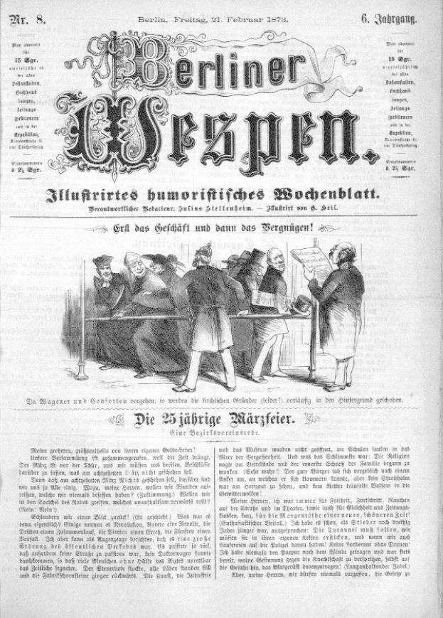 Altes deutsches Zeitungsblatt "Berliner Wespen" vom 21. Februar 1873 mit einer Gruppe von Menschen in traditioneller deutscher Kleidung, die sich unterhalten, mit deutscher Text, der das Ereignis wahrscheinlich beschreibt.