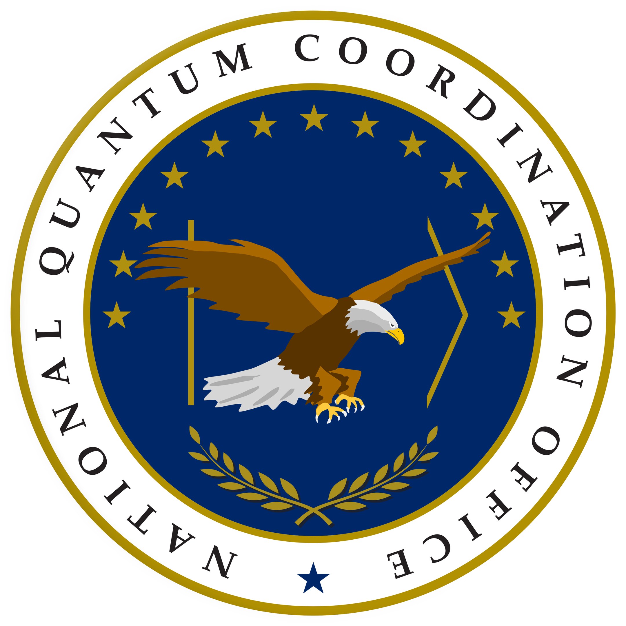 Logo of the National Quantum Coordination Office featuring a blue circle with a white star at the center, outlined by a white border, and the text "Quantum Coordination" in white around the edge against a blue background.