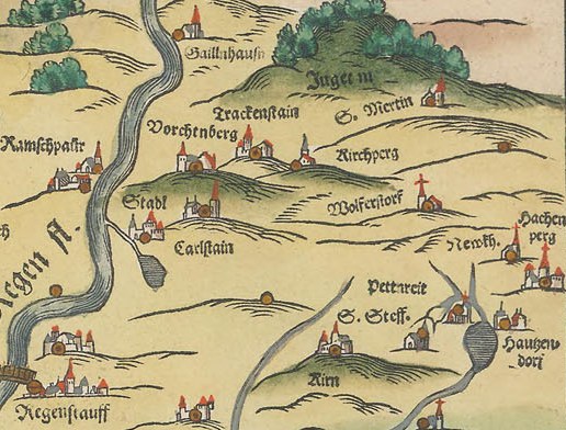 Alte schmückende Karte von Köln, Deutschland, mit üppigen grünen Bäumen, kleinen gemütlichen Häusern und verzierter Schrift.