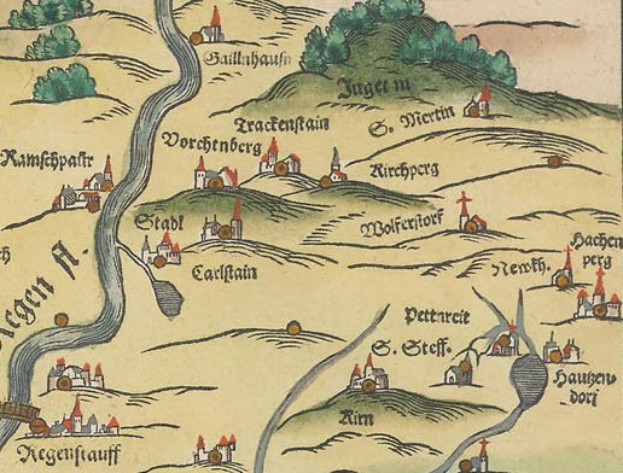 Alte schmückende Karte von Köln, Deutschland, mit üppigen grünen Bäumen, kleinen gemütlichen Häusern und verzierter Schrift.