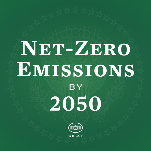 Grüne Hintergrund mit fetter weißer Schrift, die "netto-null-Emissionen bis 2050" liest.