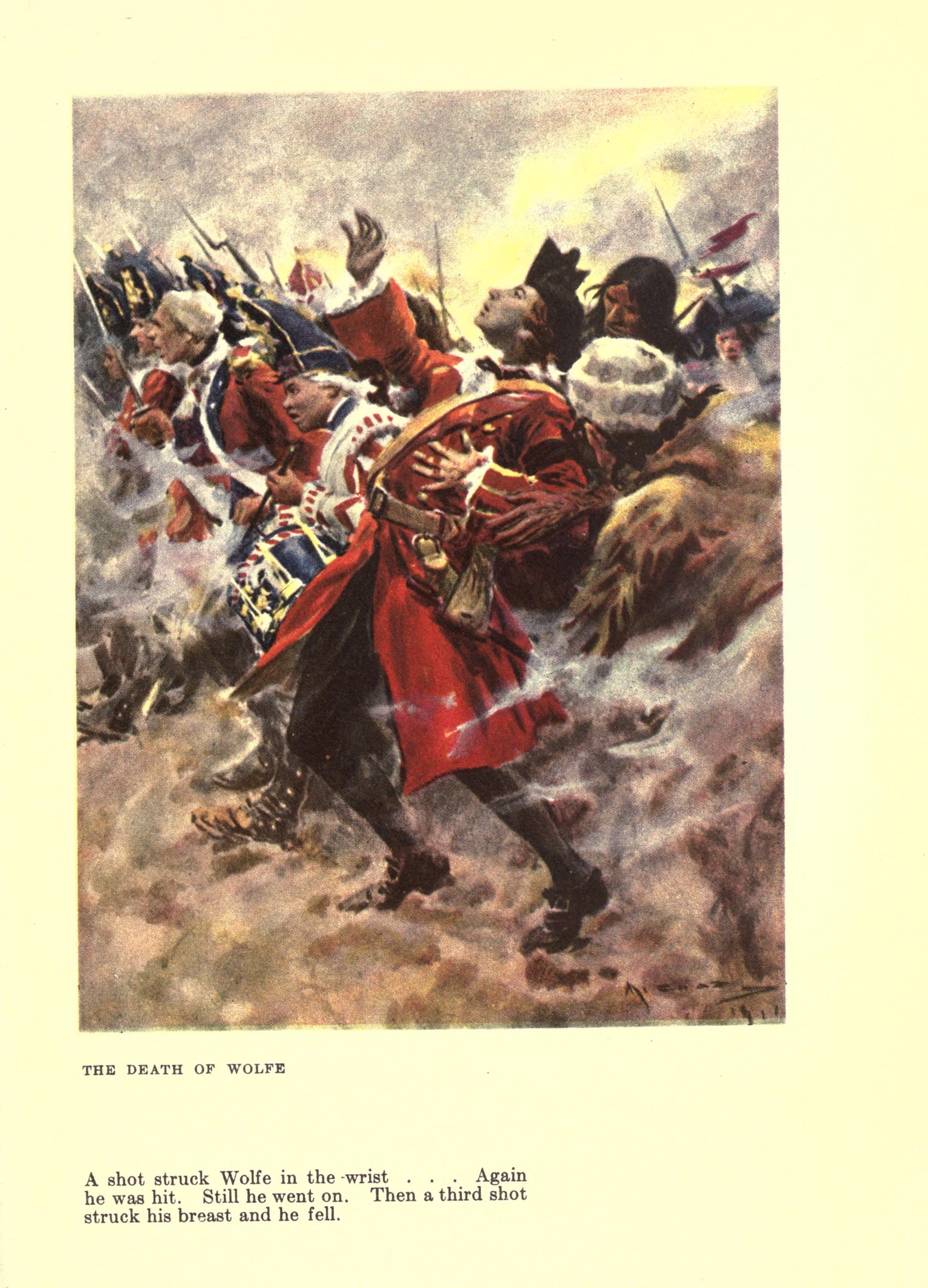 Ein Plakat mit der Aufschrift "Der Tod von Wolfe", das eine Gruppe besorgter Menschen in gedämpften Farben zeigt, einige schauen ängstlich nach oben, andere traurig nach unten.