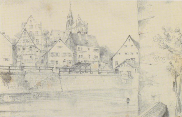 Ein Bleistift-Zeichnung mit dem Titel "Nürnberg, Deutschland" von Joseph Mallord William Turner, das eine Stadtansicht mit einem Fluss, Gebäuden, Bäumen und einer Brücke zeigt.