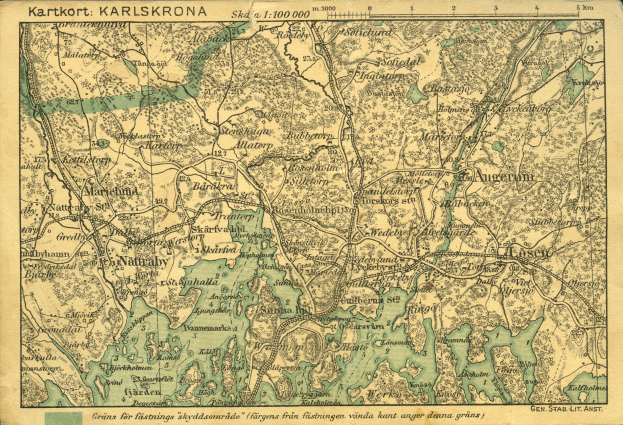 Ausführliche alte Karte von Karlsruhe, Deutschland, die Straßen, Gebäude und Sehenswürdigkeiten mit Text oben und unten auf dem Papier zeigt.