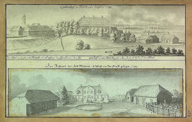 Eine historische Zeichnung eines Hofs in Mecklenburg, Deutschland, aus dem Jahr 1799, die mehrere Gebäude, Bäume und einen Himmel im Hintergrund zeigt, mit der Beschriftung "Kubekhof in Mecklenburg, Deutschland, 1799" unten.