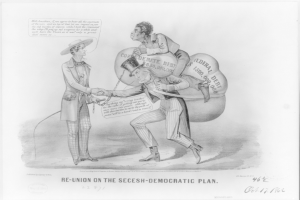 Ein Schwarz-Weiß-Cartoon auf einem Blatt Papier, das zwei Männer zeigt, die sich die Hand schütteln, einer mit einem Sack auf dem Rücken, mit der Inschrift "Wiedersehen auf dem secesh-demokratischen Plan".