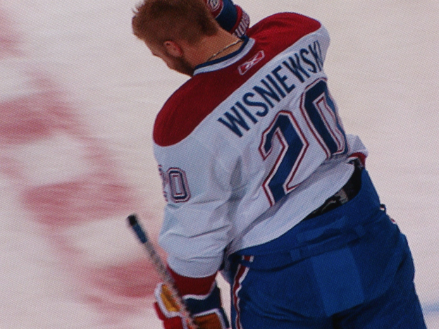 Ein konzentrierter Profi-Hockeyspieler im "Wisniewski"-Trikot steht auf dem Eis und hält einen Hockey-Schläger.