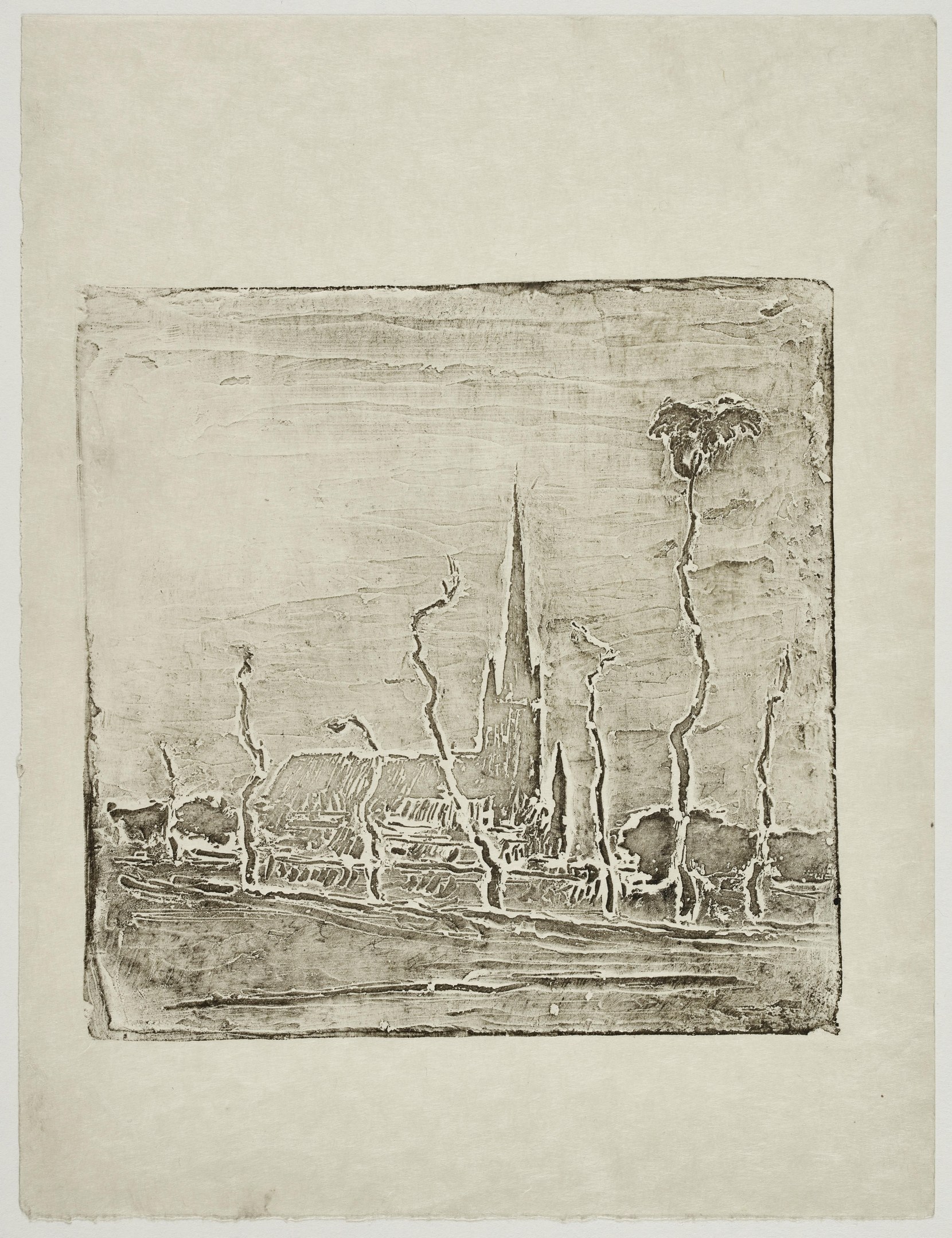 Schwarz-weiß-Zeichnung einer Stadtlandschaft mit einer Kirche im Hintergrund auf altem Papier.