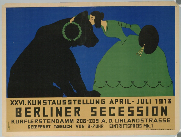 Plakat für die Berliner Secession-Ausstellung von 1913, das eine Frau und einen Hund mit Text zeigt.