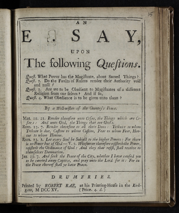 Ein aufgeschlagenes Buch mit den Worten "ein Aufsatz über die folgenden Fragen" darauf gegen einen schwarzen Hintergrund.