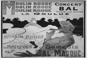 Ein Schwarz-Weiß-Plakat, das ein Moulin Rouge-Konzert in Paris ankündigt, mit einem Mann und einer Frau, die tanzen, und Text auf dem Plakat.