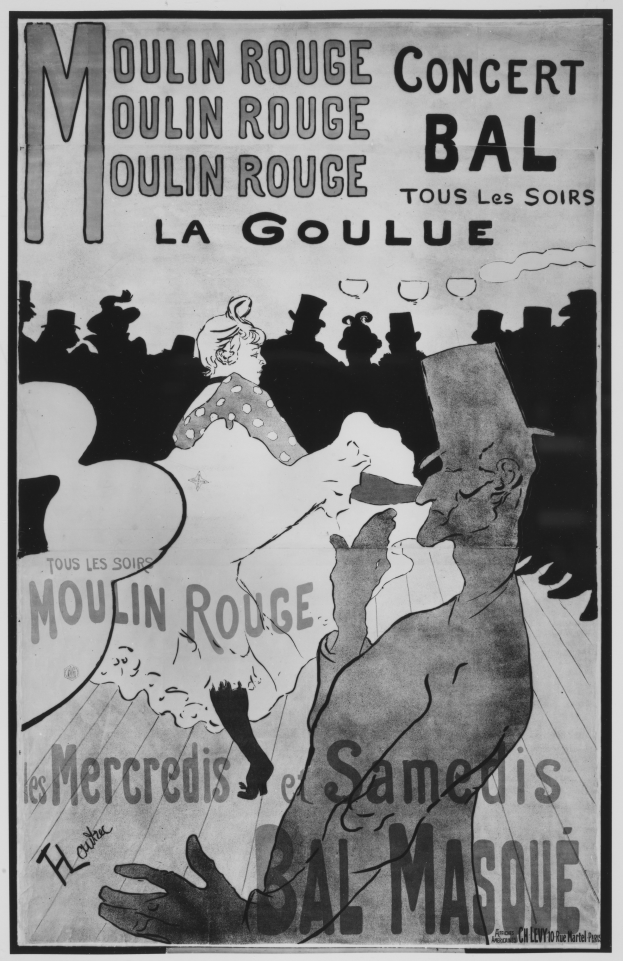 Ein Schwarz-Weiß-Plakat, das ein Moulin Rouge-Konzert in Paris ankündigt, mit einem Mann und einer Frau, die tanzen, und Text auf dem Plakat.