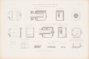 Ein altes Buch mit einer Zeichnung verschiedener Kameratypen und beschreibendem Text.