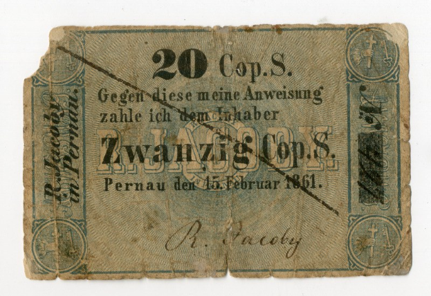 Alte deutsche 20 Taler Banknote von 1861 mit Text und numerischem Nennwert auf weißem Papier.