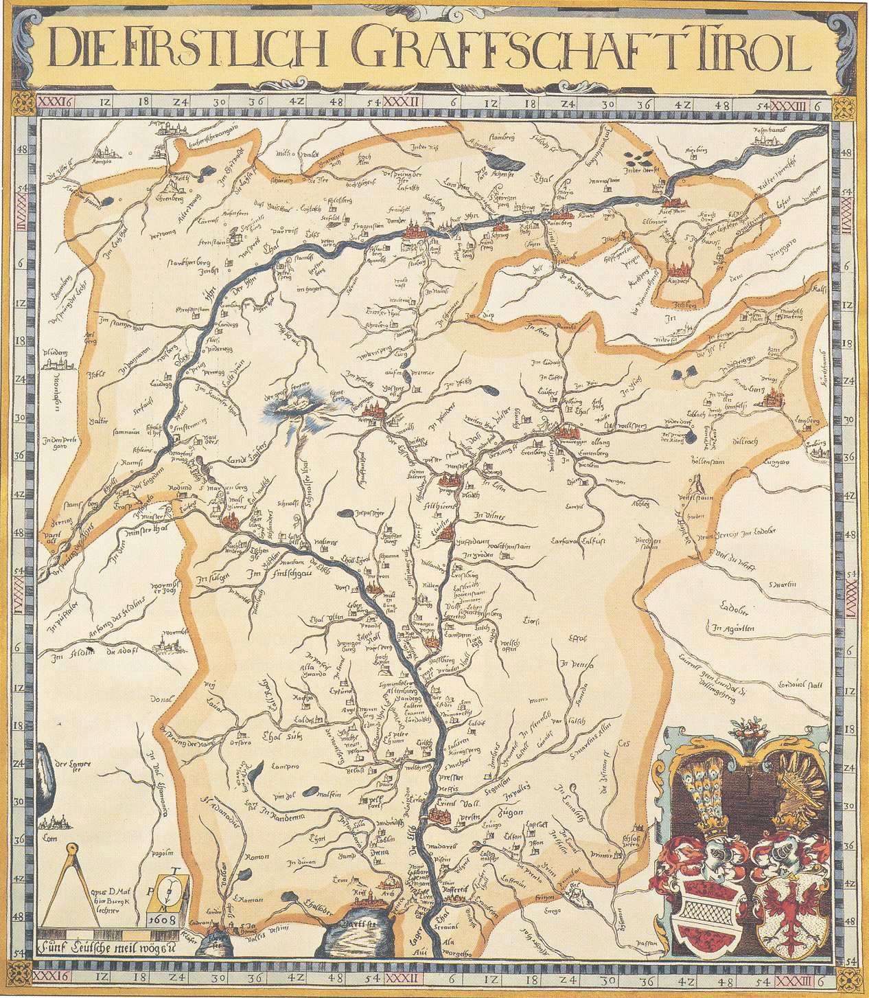 Plakat einer historischen Karte der ersten Grafschaft Tirol mit geographischen Merkmalen wie Flüssen, Bergen und Städten sowie begleitendem Text.