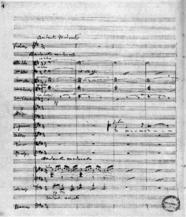 Schwarze und weiße Notenblätter mit der Aufschrift "Johann Sebastian Bach - Sinfonie Nr. 4 in G-Dur, Op. 63" und einem Stempel in der rechten unteren Ecke.