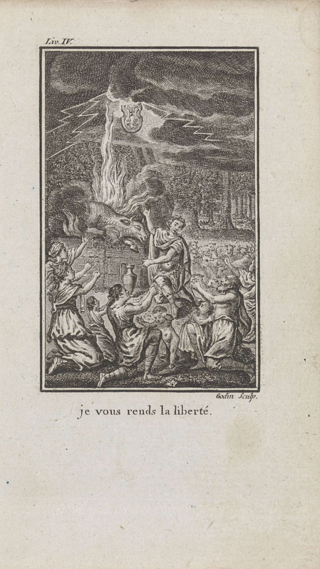 Ein aufgeschlagenes Buch zeigt eine Zeichnung von besorgten Menschen, die sich um ein helles Feuer versammelt haben, mit der fetten Schrift "Je vous rends la liberté" darüber.