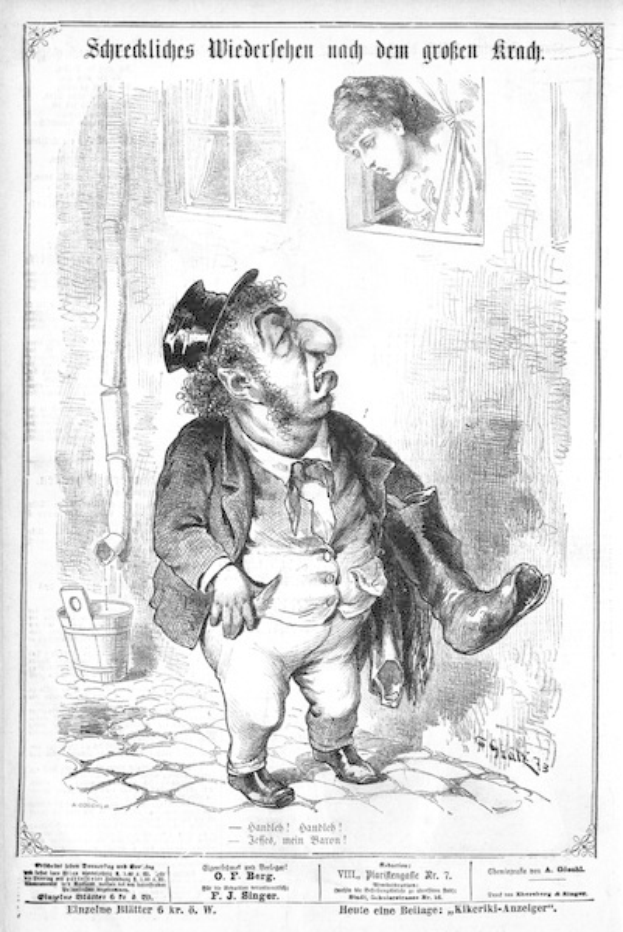 Cartoon-Illustration eines Mannes mit Zylinder und einer Frau in einem Kleid, mit einer Wand, einem Fenster, einem Eimer und anderen Gegenständen im Hintergrund und einem Text unten, der "F. J. Singer, der erste deutsche Politiker, der in den Kongress gewählt wurde" lautet.