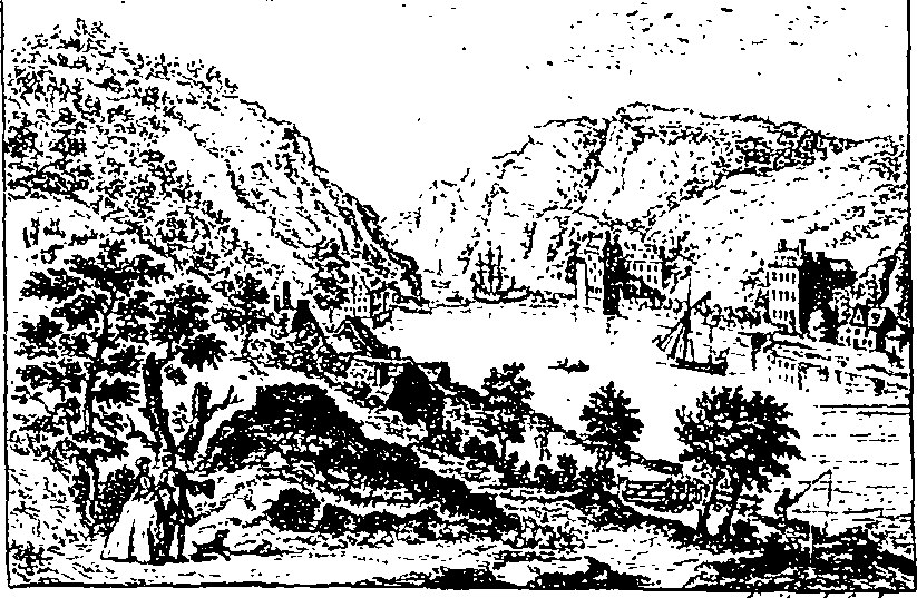 Schwarz-weiß-Zeichnung einer Gebirgslandschaft mit der Beschriftung "The Lake District", die Bäume, Gebäude, Hügel und Himmel zeigt.