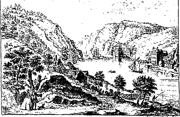 Schwarz-weiß-Zeichnung einer Gebirgslandschaft mit der Beschriftung "The Lake District", die Bäume, Gebäude, Hügel und Himmel zeigt.