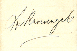 Ein alter Umschlag, wahrscheinlich eine Postkarte, mit einer handschriftlichen Unterschrift, die angeblich von Karl Marx stammt.