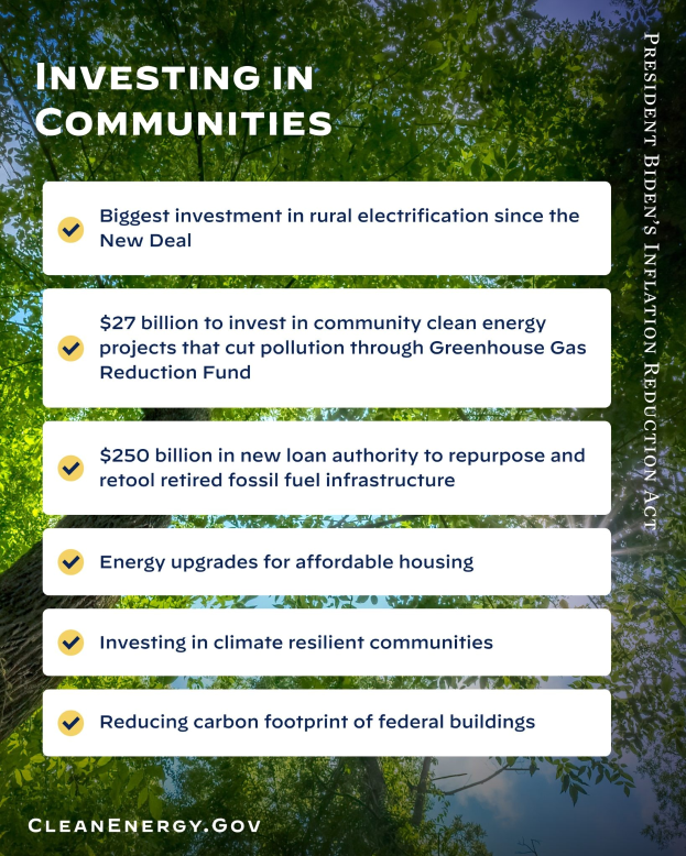 Plakat mit Bäumen und Himmel im Hintergrund, das den Text 'Investing in Communities: Biggest Investment in Rural Electricity Since the New Deal' trägt.