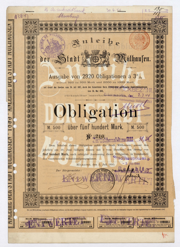 Altes deutsches Wertpapier mit Text und Stempeln auf einem weißen Hintergrund, das eine Verpflichtung anzeigt.