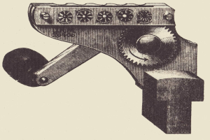 Eine Schwarz-Weiß-Zeichnung einer Maschine mit einem Rad, das für die Metallbearbeitung verwendet wird.