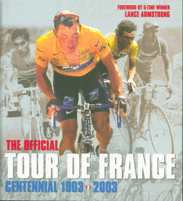 Offizielles Tour-de-France-Jubiläumsplakat (1903–2003) mit einer Gruppe von Fahrradfahrern und begleitendem Text.