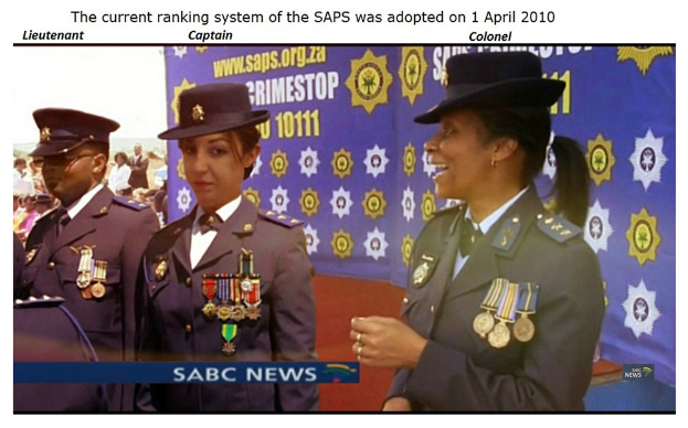 Gruppe von Menschen in Uniformen und Hüten mit einem Banner im Hintergrund, Text oben und unten mit der Aufschrift "Das aktuelle Ranglistensystem der SAP wurde am 1. April 2010 übernommen".