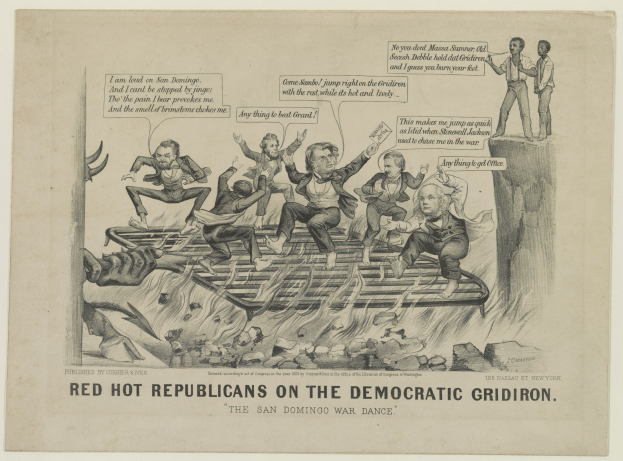 Ein politischer Cartoon, der rote Figuren auf einem blauen Gridiron zeigt, deren Gesichter vor Wut verzerrt sind und die Arme erhoben haben, begleitet von fetter schwarzer Schrift.