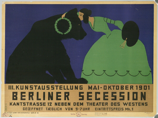 Ein Plakat der Berliner Secession mit einer Frau in grünem Kleid und einem Mann im schwarzen Anzug, mit Text zur Beschreibung des Ereignisses.