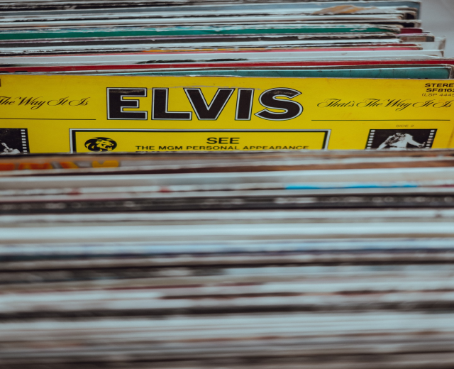 Ein ordentlich gestapelter Stapel Elvis-Presley-Platten mit sichtbaren Titeln auf einem leicht unscharfen Hintergrund.