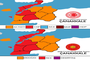 Eine Karte von Türkei, die in verschiedenen Farben die prozentuale Bevölkerung in jedem Gebiet zeigt, mit dem Text "Canakkale Wahlresultate 2018".