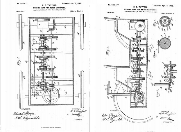 Schwarzes und weißes technisches Zeichnen eines getriebelosen Fahrzeugs, die älteste bekannte Automobilpatentzeichnung, auf altem Papier mit handschriftlichen Anmerkungen.