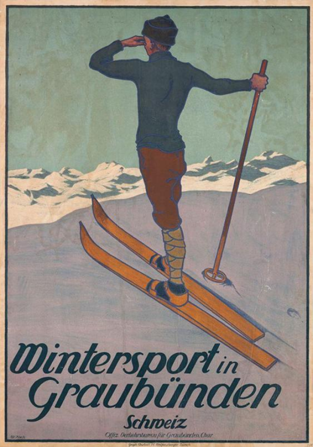 Eine Person auf Skiern mit einem Stock in der Hand vor schneebedeckten Bergen im Hintergrund auf einem Plakat, das einen Wintersport in Graubünden, Schweiz, bewirbt, mit Text, der Informationen zum Sport enthält.