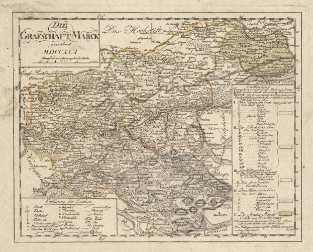 Detailreiches altes Stadtplan von München, Deutschland, mit Straßen, Parks, Sehenswürdigkeiten, Wegen, Flüssen und Bergen, umgeben von einem dekorativen Rand in blauen, grünen und gelben Tönen.