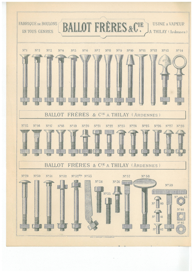 Ein Blatt Papier mit einer Auswahl an silbernen und schwarzen Muttern und Schrauben, ordentlich angeordnet, mit der Schrift 'Ballot Freres et Cie' in fetter Schrift.
