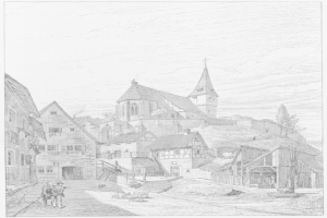 Eine Schwarz-Weiß-Zeichnung einer StraßenSzene in Heidelberg, Deutschland, mit der Kirche der Heiligen Dreifaltigkeit im Hintergrund, umgeben von Gebäuden, Menschen, Tieren, Bäumen und einem Himmel. Der Text "Die Kirche der Heiligen Dreifaltigkeit im alten Stadtkern von Heidelberg, Deutschland" ist unten auf dem Bild zu sehen.