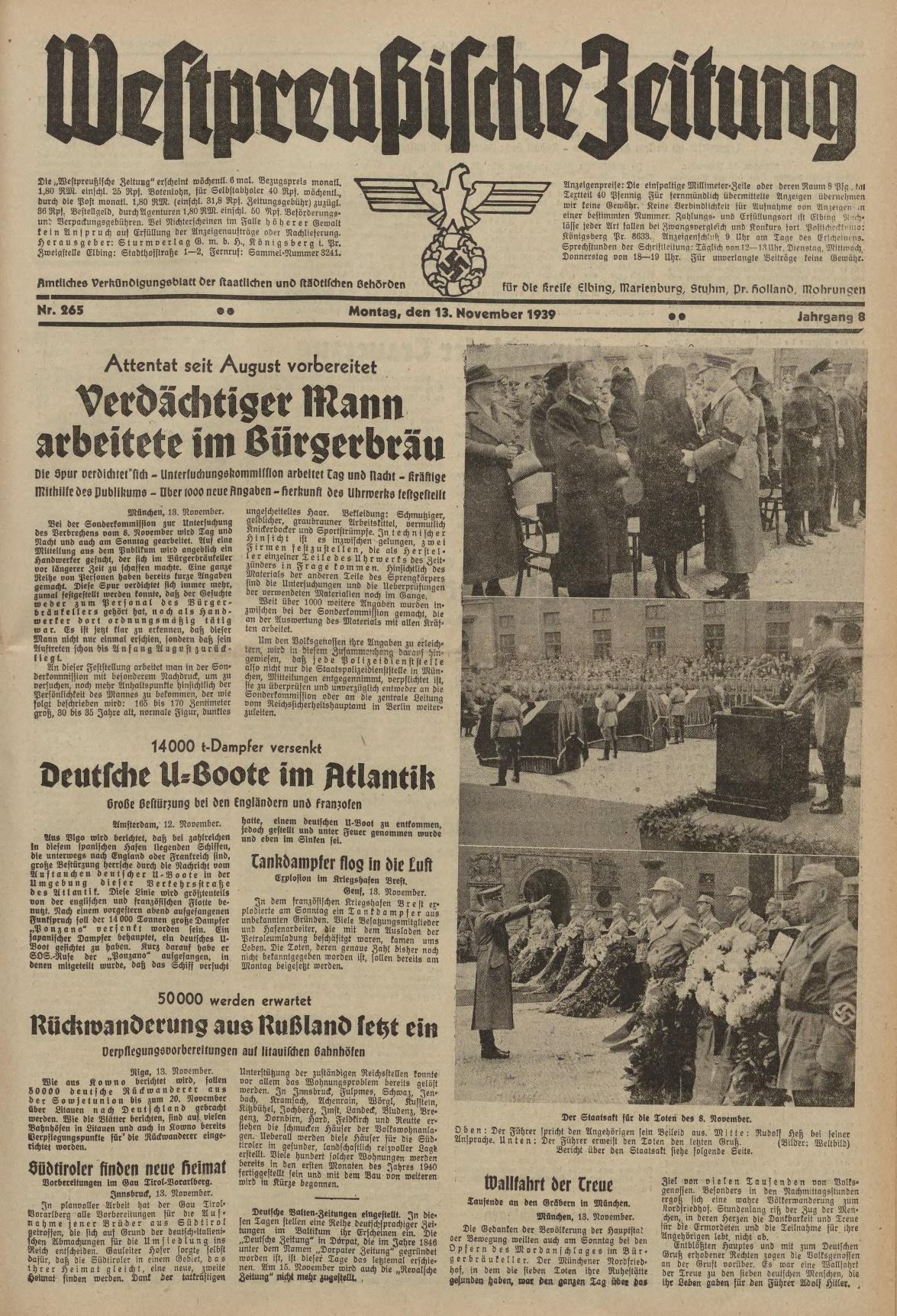 Titelseite der deutschen Zeitung "Weitpreubliche Zeitung" vom 13. November 1939 mit einer Gruppe von Menschen in traditioneller deutscher Kleidung in einer feierlichen Atmosphäre.