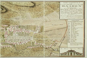 Ein altes detailliertes Stadtplan von Baden-Württemberg, Deutschland, das Straßen, Gebäude und Sehenswürdigkeiten zeigt, mit einem Gebäude in der rechten unteren Ecke und Text, der Stadtinformationen bereitstellt.