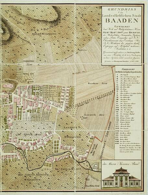 Ein altes detailliertes Stadtplan von Baden-Württemberg, Deutschland, das Straßen, Gebäude und Sehenswürdigkeiten zeigt, mit einem Gebäude in der rechten unteren Ecke und Text, der Stadtinformationen bereitstellt.