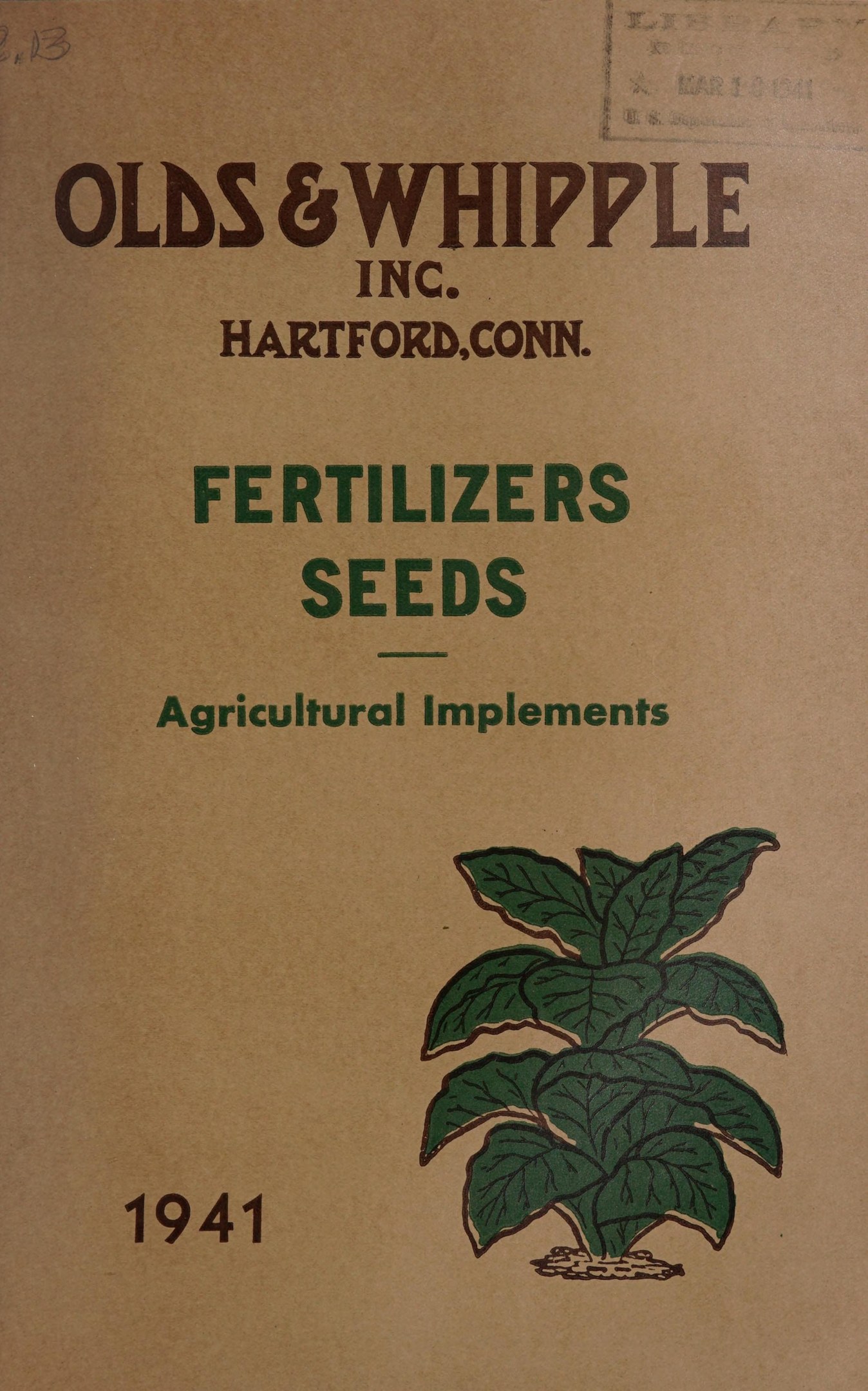 Alter Buchumschlag aus dem Jahr 1941 mit dem Titel "Düngemittel Saatgut Landmaschinen" mit einer Illustration einer grünen Pflanze mit Blättern und Stielen.