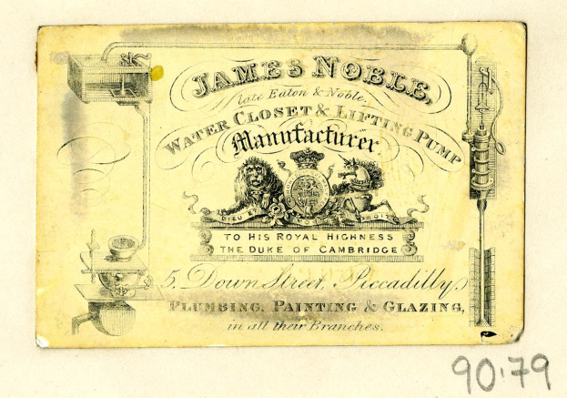 Visitenkarte für James Noble Wasser closet & Hebepumpe Hersteller mit Produktbeschreibungstext.