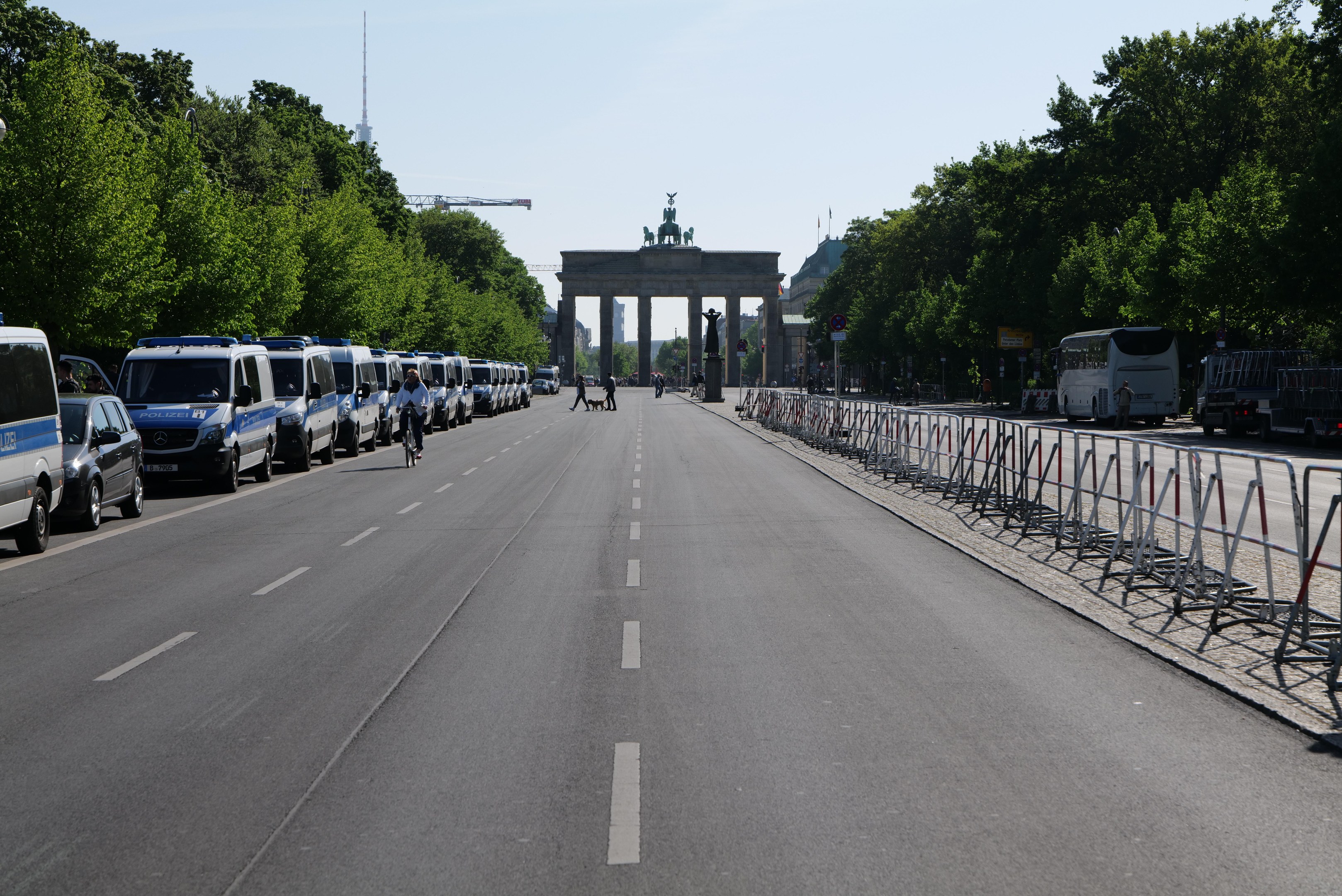 Lange Reihe von Polizeiwagen, die auf der Seite einer Straße vor dem Brandenburger Tor in Berlin, Deutschland, geparkt sind, mit Menschen auf Fahrrädern und auf der Straße stehend, Barrieren, Bäumen und einem Bogen mit Statuen im Hintergrund.