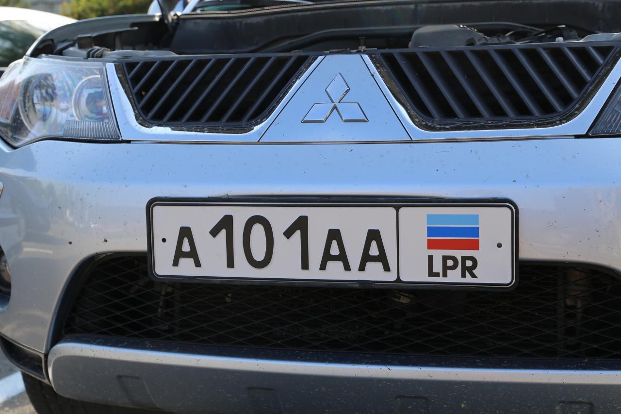 Silberner Wagen mit sichtlicher Frontkennzeichen, am Straßenrand zwischen Bäumen und Gebäuden im Hintergrund geparkt.