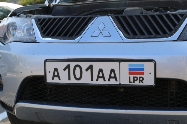 Silberner Wagen mit sichtlicher Frontkennzeichen, am Straßenrand zwischen Bäumen und Gebäuden im Hintergrund geparkt.